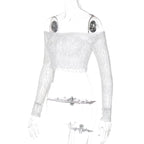 Off shoulder long sleeve lace see through solid crop top
