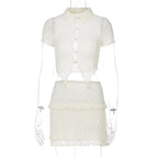 Textured button turnover collar short sleeve ruffle mini skirt set