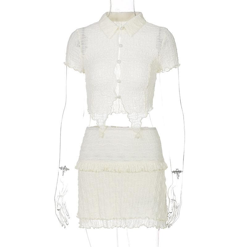 Textured button turnover collar short sleeve ruffle mini skirt set