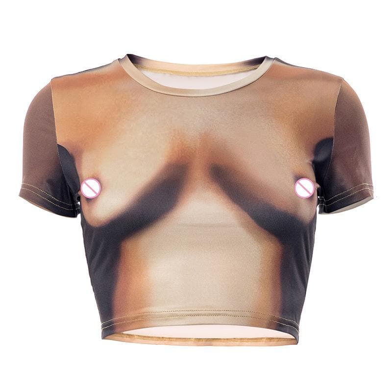 Kurzärmliges Crop-Top mit Rundhalsausschnitt und kontrastierendem Body-Muster 