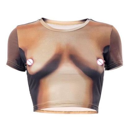 Kurzärmliges Crop-Top mit Rundhalsausschnitt und kontrastierendem Body-Muster 