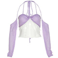 Crochet contrast off shoulder halter gloves ruched crop top
