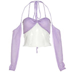 Crochet contrast off shoulder halter gloves ruched crop top
