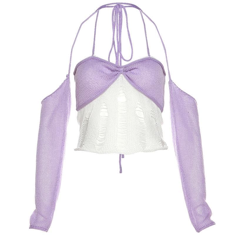 Crochet contrast off shoulder halter gloves ruched crop top