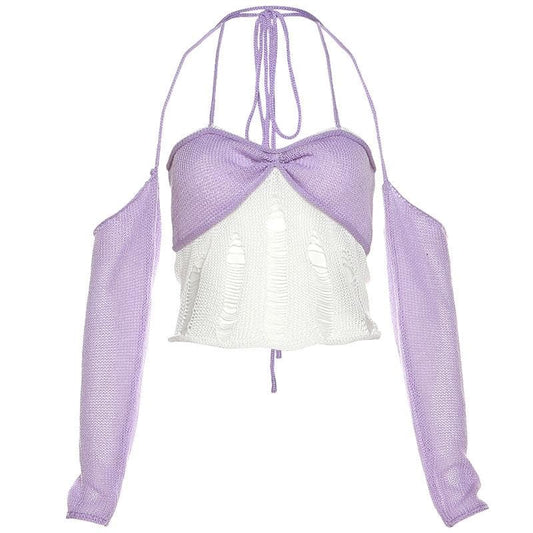 Gehäkeltes, kontrastierendes, schulterfreies Neckholder-Handschuh-Crop-Top mit Rüschen