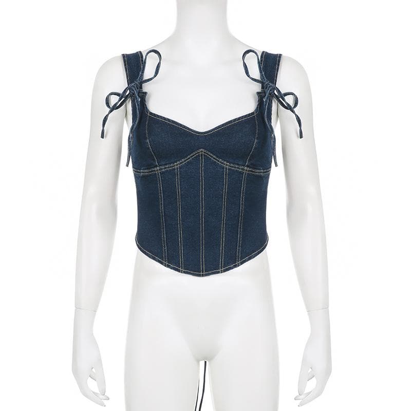 Top corsetto senza maniche con lacci in denim cucito e scollato