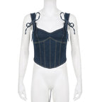 Top corsetto senza maniche con lacci in denim cucito e scollato