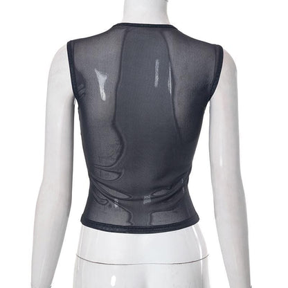 Sheer mesh see through abstract contrast sleeveless top