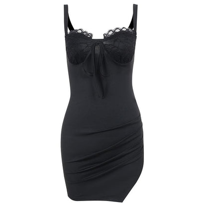 Gerafftes, einfarbiges, ärmelloses, rückenfreies Minikleid aus Spitze mit Schlitz zum Selbstbinden