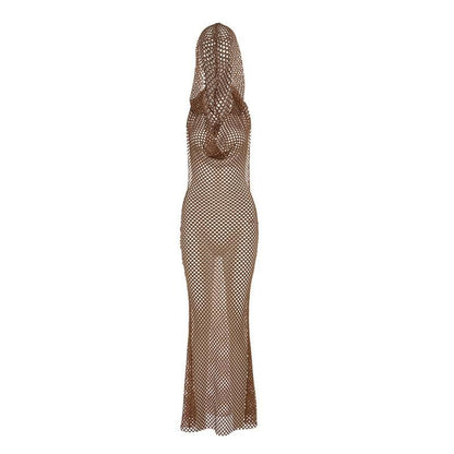 Ärmelloses, durchsichtiges Maxikleid mit Kapuze und Wasserfallausschnitt im Fischnetz-Look