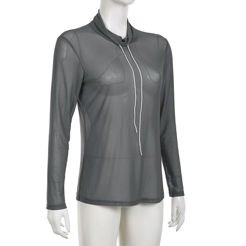 Top a collo alto con maniche lunghe e rete trasparente 