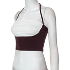 Patchwork halter contrast self tie backless crop top