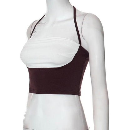 Top corto con schiena scoperta e lacci a contrasto con patchwork 