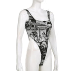 Square neck sleeveless hollow out abstract buckle bodysuit