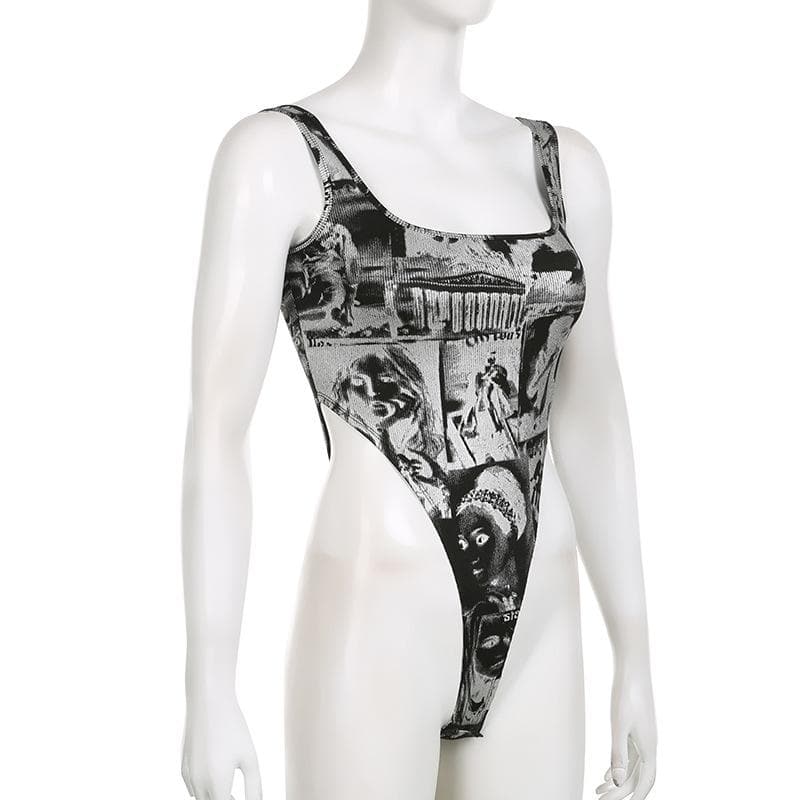 Square neck sleeveless hollow out abstract buckle bodysuit