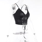 Backless v neck o ring lace up fishnet hollow out solid cami crop top
