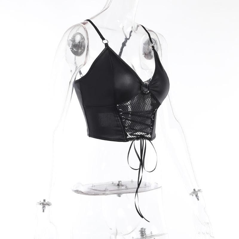 Backless v neck o ring lace up fishnet hollow out solid cami crop top
