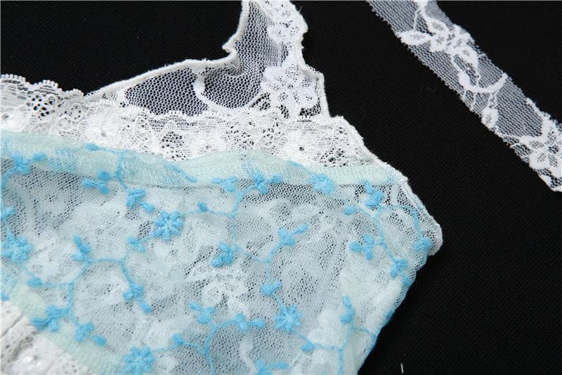 Lace ruffled see through flower low cut backless halter top