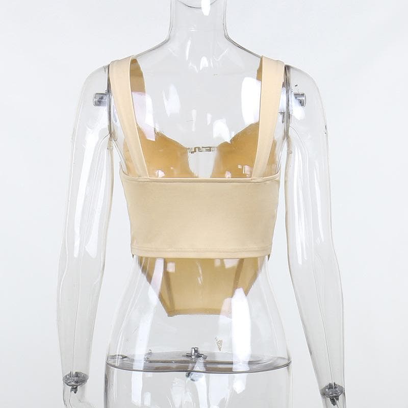 Sleeveless solid metal tag notch neck backless crop top