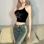 Halter metal chain backless u neck star beaded crop top