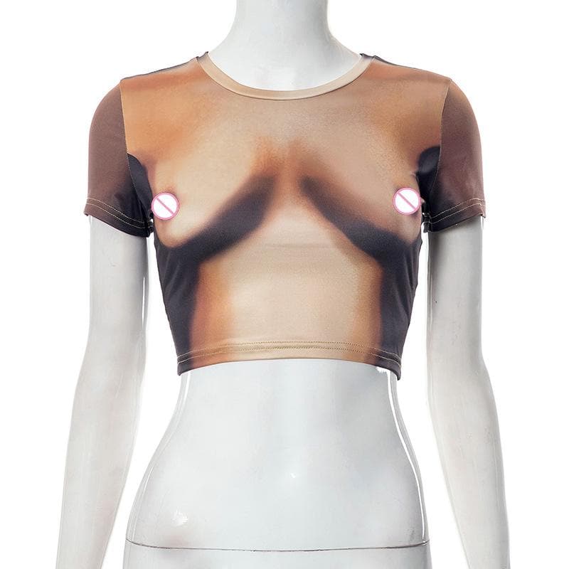 Kurzärmliges Crop-Top mit Rundhalsausschnitt und kontrastierendem Body-Muster 
