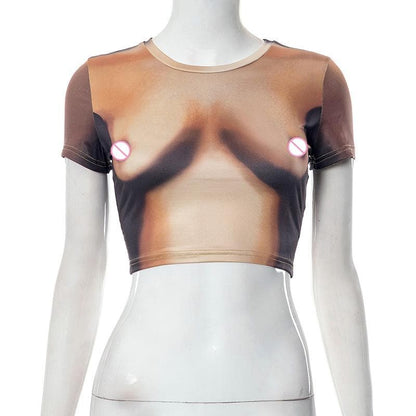 Kurzärmliges Crop-Top mit Rundhalsausschnitt und kontrastierendem Body-Muster 