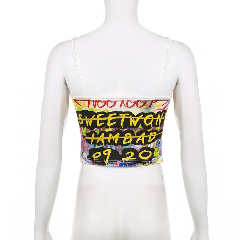 Letter print contrast u neck backless cami crop top