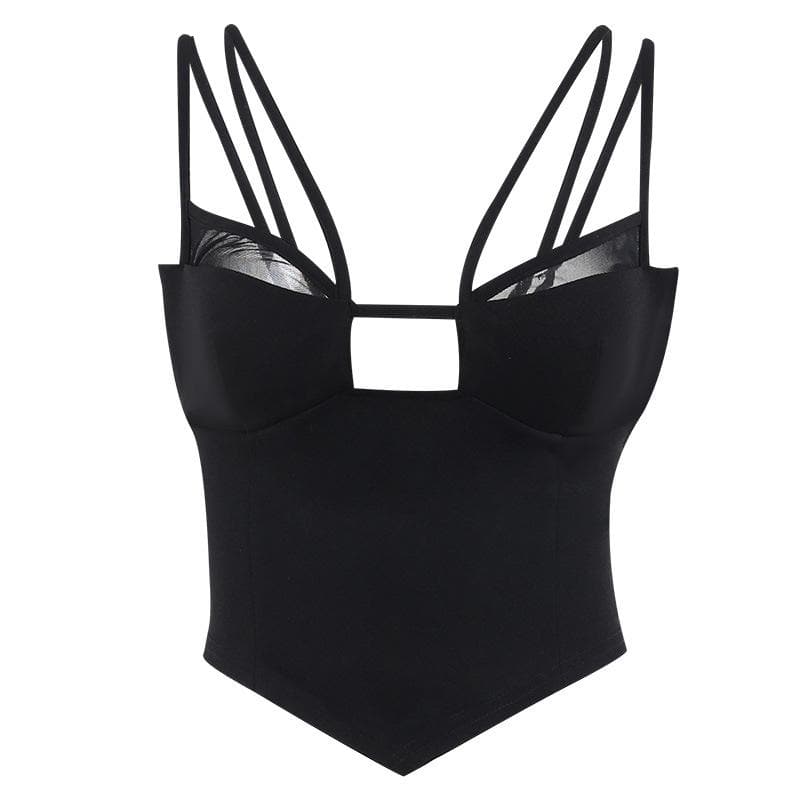 Mesh solid patchwork backless hollow out crop top