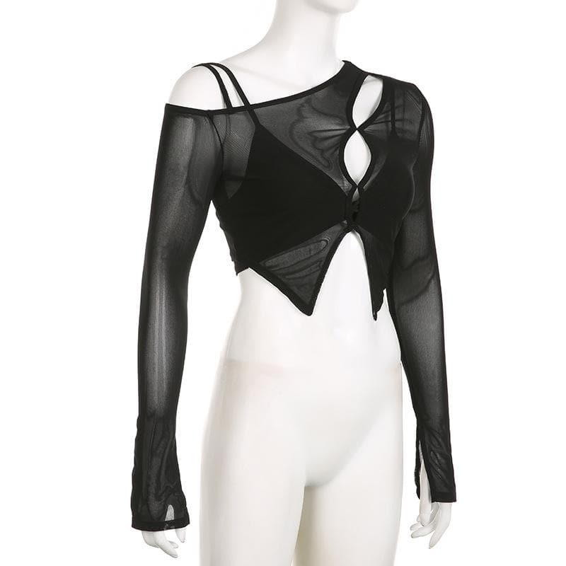 Irregular long sleeve hollow out mesh solid 2 piece crop top