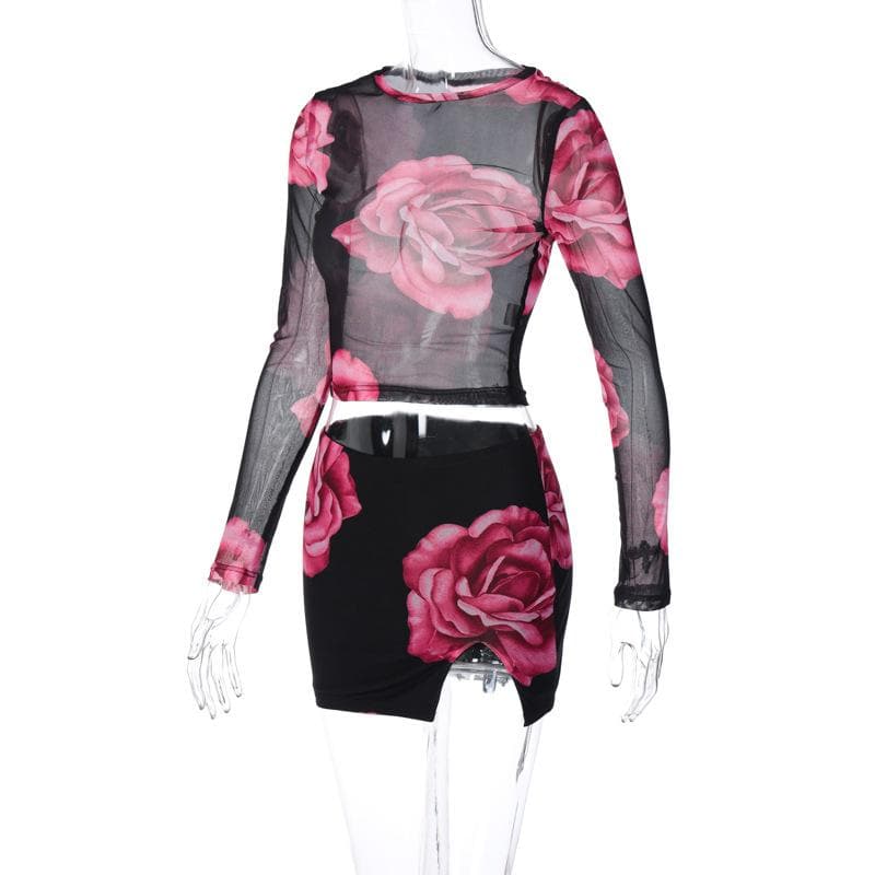 Mesh see through flower print long sleeve slit mini skirt set