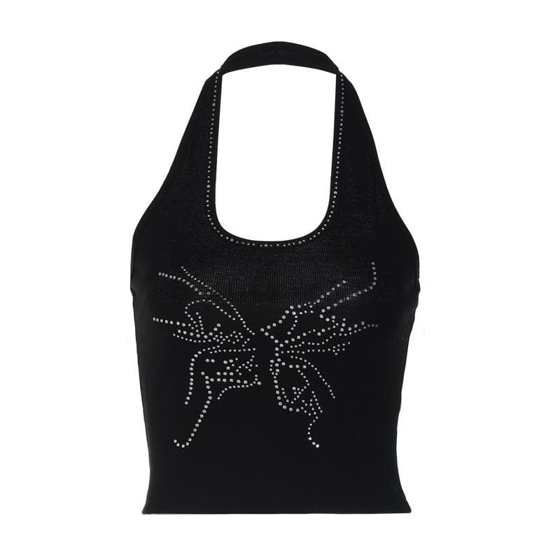 Beaded halter u neck ribbed backless crop top