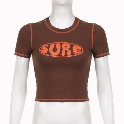 Stitch contrast short sleeve "sure" pattern crewneck crop top