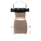 Mesh contrast off shoulder ruffle backless mini skirt set
