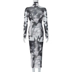 Abstract Print Sheer Mesh See Through High Neck Long Sleeve Maxi Dress