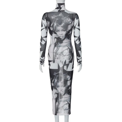 Abstract Print Sheer Mesh See Through High Neck Long Sleeve Maxi Dress