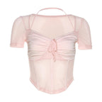 Short sleeve v neck ruched mesh halter solid crop top