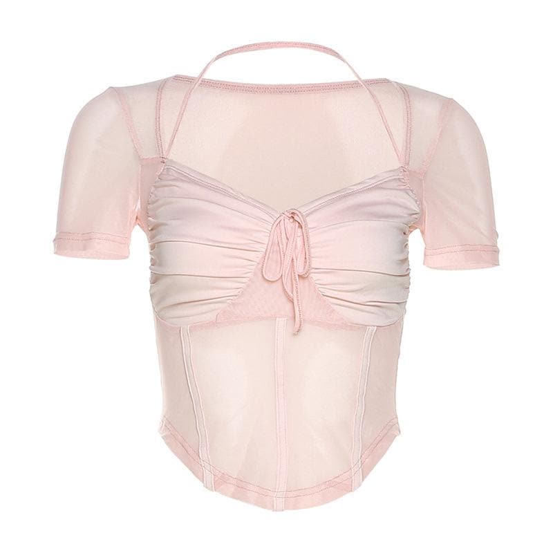 Short sleeve v neck ruched mesh halter solid crop top