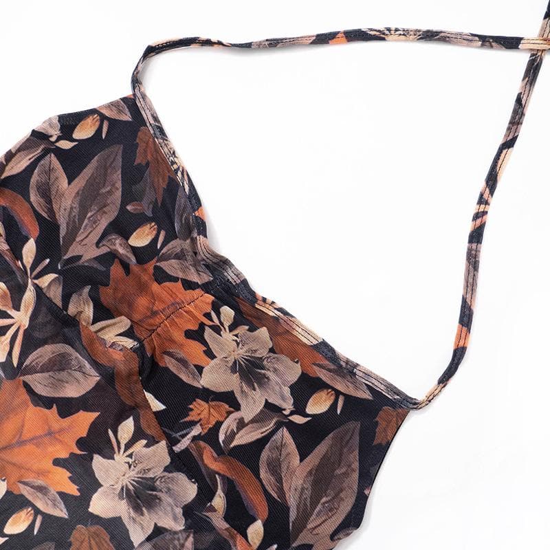Mesh leaf pattern contrast ruched halter backless ruffle crop top - Final Sale