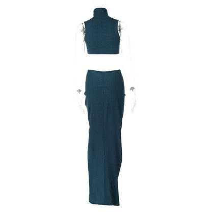 Slit textured sleeveless high neck ruched solid maxi skirt set