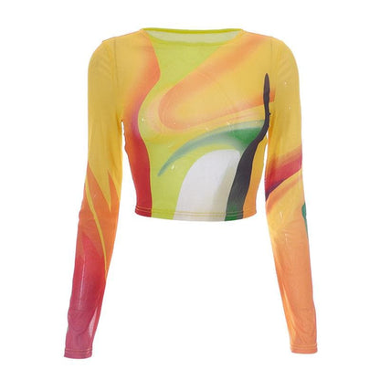 Sheer mesh see through long sleeve round neck contrast crop top