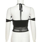 Mesh off shoulder halter solid backless ruched top