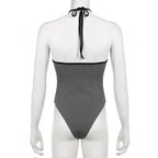 Halter self tie ruched backless "5" embroidery contrast bodysuit