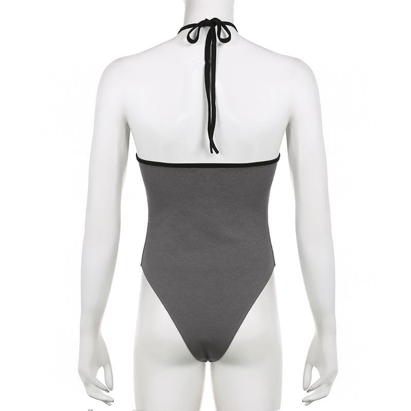 Halter self tie ruched backless "5" embroidery contrast bodysuit