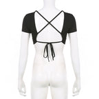 Cross back solid short sleeve self tie drawstring backless crop top - Final Sale