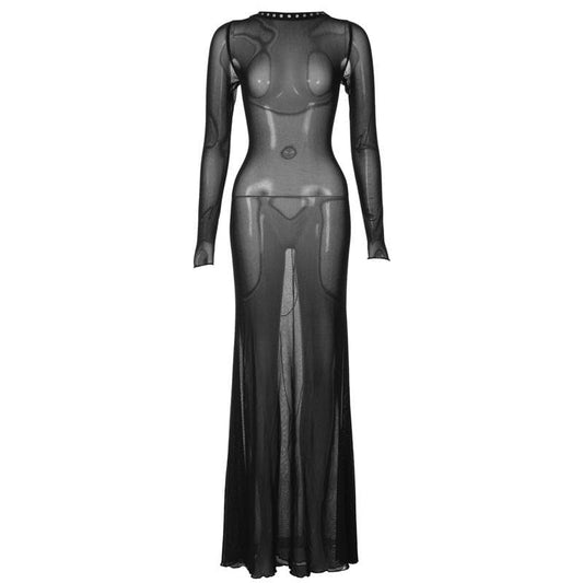 Langärmliges, durchsichtiges Maxikleid aus transparentem Netzstoff mit Schnürung 