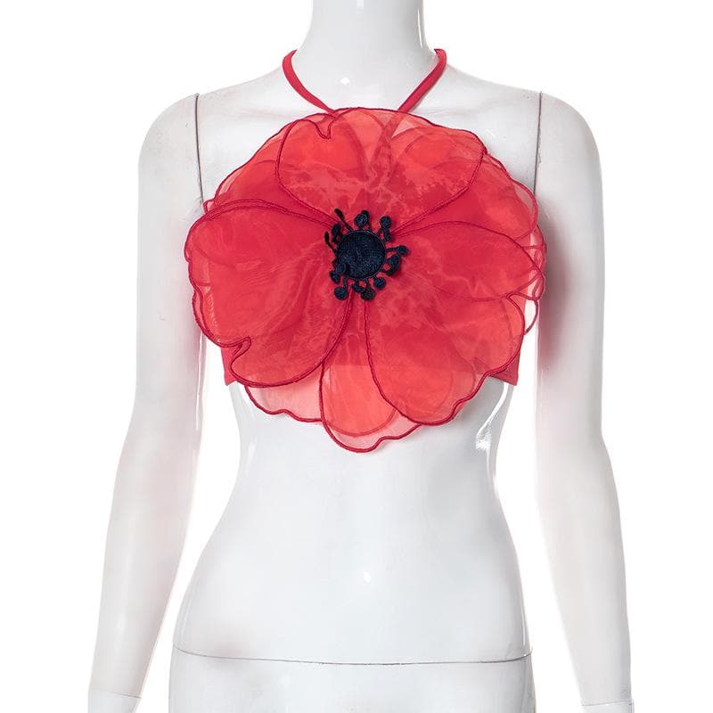 Flower pattern embroidery contrast halter self tie backless crop top