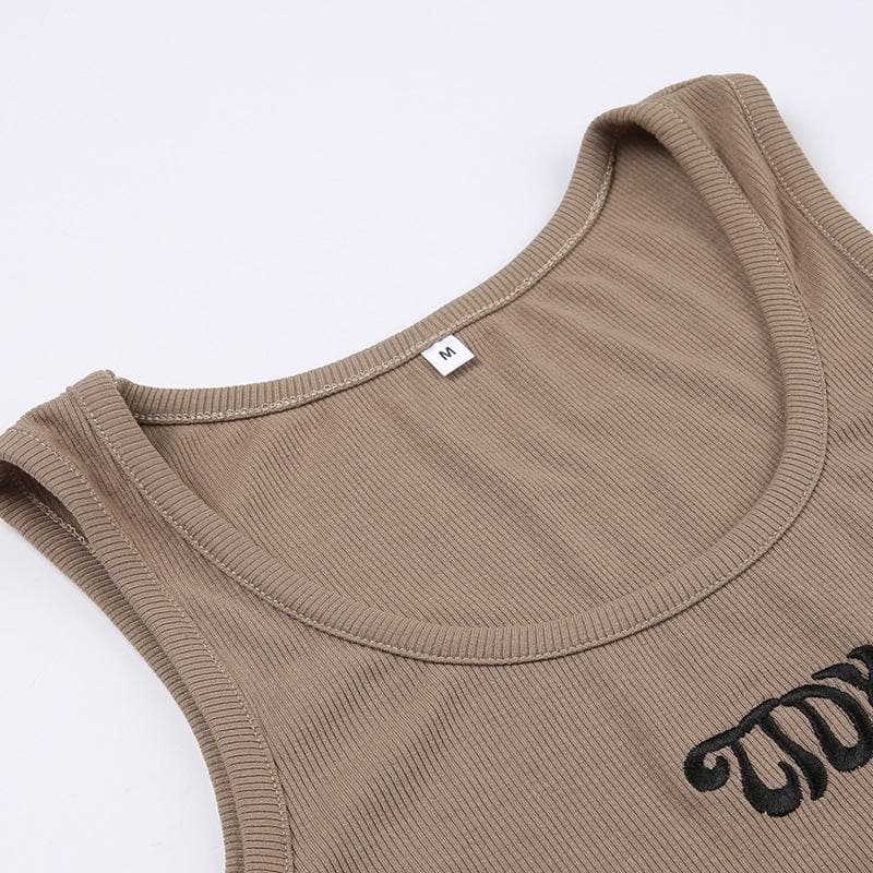 Ärmelloses, geripptes Crop-Top mit Stickerei und U-Ausschnitt 