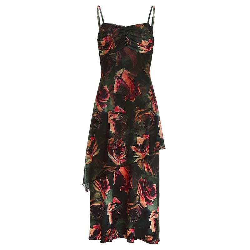 Rückenfreies, unregelmäßiges Camisole-Midikleid mit Blumenmuster und Kontrastraffung 
