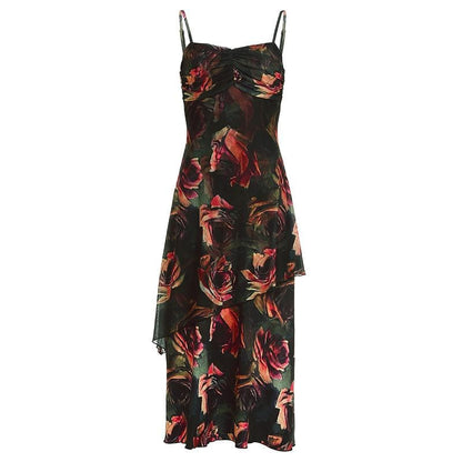 Rückenfreies, unregelmäßiges Camisole-Midikleid mit Blumenmuster und Kontrastraffung 