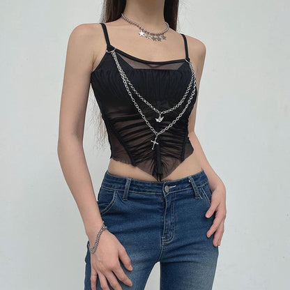 Metal chain mesh patchwork ruched cami crop top